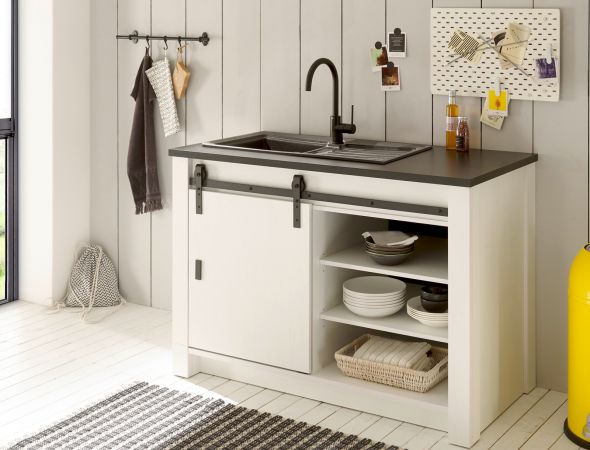 K�che mit Theke Stove in wei� Pinie und anthrazit Landhaus K�chenschrank Set 5-teilig