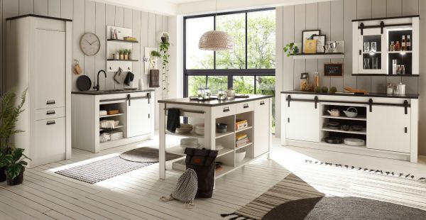 K�che mit Kochinsel Stove in wei� Pinie und anthrazit Landhaus K�chenschrank Set 7-teilig