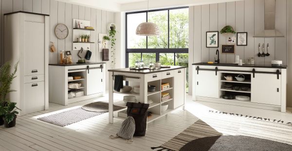 K�che mit Kochinsel Stove in wei� Pinie und anthrazit Landhaus K�chenschrank Set 5-teilig