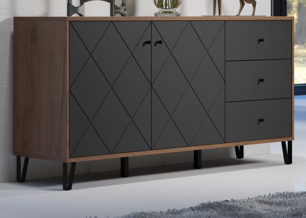 Sideboard Rhomba in Graphite Grau und Eiche Kraft Gold, Kommode 183 x 76 cm mit Soft-Close