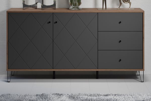 Sideboard Rhomba in Graphite Grau und Eiche Kraft Gold, Kommode 183 x 76 cm mit Soft-Close
