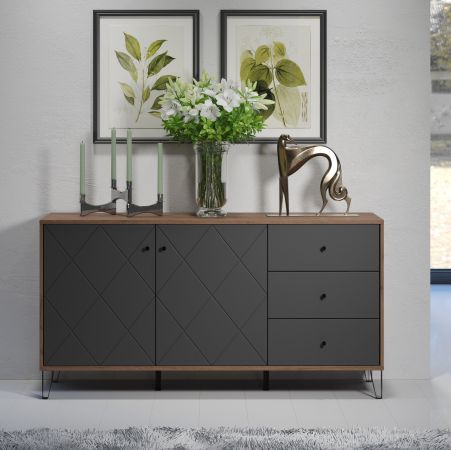 Sideboard Rhomba in Graphite Grau und Eiche Kraft Gold, Kommode 183 x 76 cm mit Soft-Close