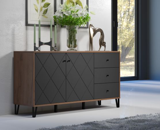 Sideboard Rhomba in Graphite Grau und Eiche Kraft Gold, Kommode 183 x 76 cm mit Soft-Close