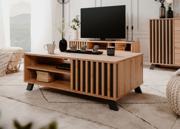 Couchtisch Madem in Artisan Eiche und Anthrazit mit 3D-Lamellen Beistelltisch 110 x 67 cm