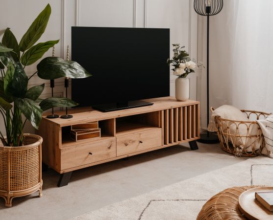 TV-Lowboard Madem in Artisan Eiche und Anthrazit mit 3D-Lamellen TV Unterteil 138 cm