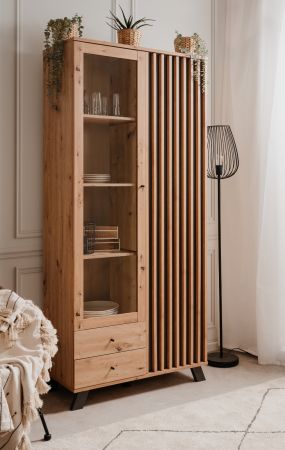 Vitrine Madem in Artisan Eiche und Anthrazit mit 3D-Lamellen Wohn- und Esszimmer Vitrinenschrank 92 x 199 cm