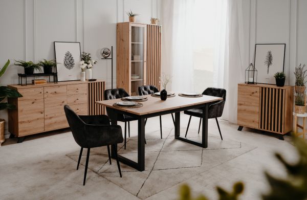 Vitrine Madem in Artisan Eiche und Anthrazit mit 3D-Lamellen Wohn- und Esszimmer Vitrinenschrank 92 x 199 cm
