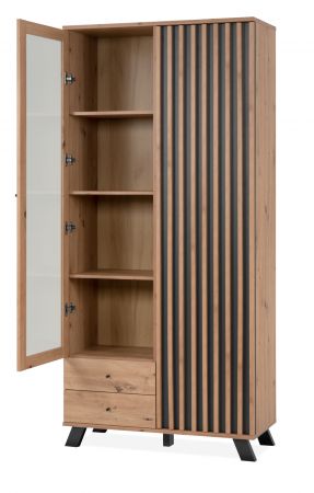 Vitrine Madem in Artisan Eiche und Anthrazit mit 3D-Lamellen Wohn- und Esszimmer Vitrinenschrank 92 x 199 cm