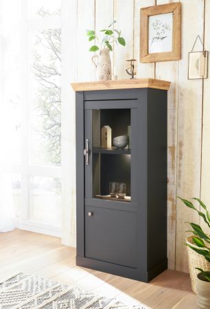 Vitrinenschrank Ribera in grau und Wotan Eiche Landhaus Wohn- und Esszimmer Vitrine 72 x 146 cm