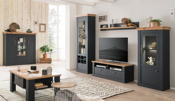 Vitrinenschrank Ribera in grau und Wotan Eiche Landhaus Wohn- und Esszimmer Vitrine 72 x 146 cm