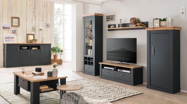 Kommode Ribera in grau und Wotan Eiche Landhaus Wohn- und Esszimmer Highboard 72 x 146 cm