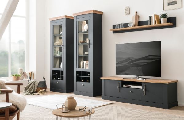 TV-Lowboard Ribera in grau und Wotan Eiche Landhaus TV Unterteil 158 x 51 cm