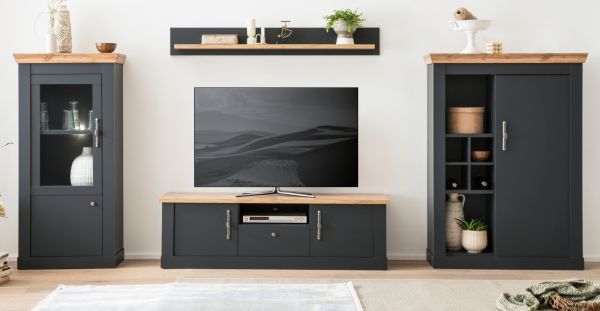 Wohnwand Ribera in grau und Wotan Eiche Landhaus Wohnkombination 4-teilig 357 x 170 cm