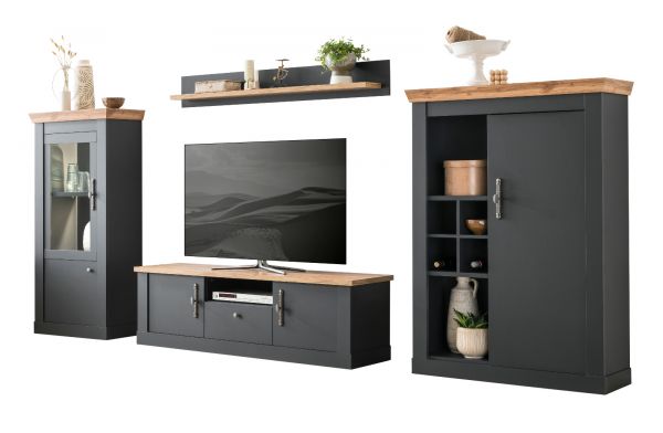Wohnwand Ribera in grau und Wotan Eiche Landhaus Wohnkombination 4-teilig 357 x 170 cm