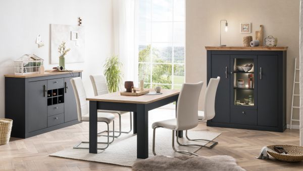 Esszimmer Set Ribera in grau und Wotan Eiche Landhaus Speisezimmer 3-teilig mit Esstisch, Highboard und Sideboard