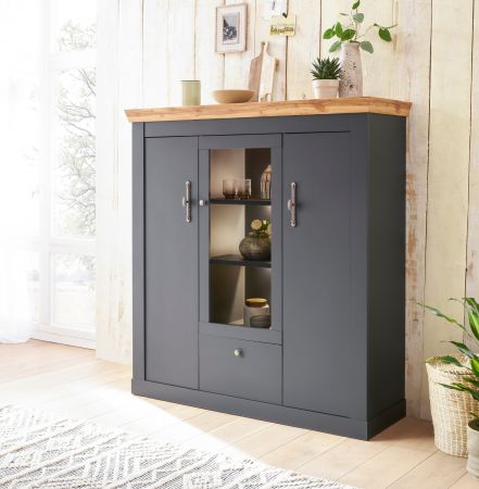 Esszimmer Set Ribera in grau und Wotan Eiche Landhaus Speisezimmer 3-teilig mit Esstisch, Highboard und Sideboard