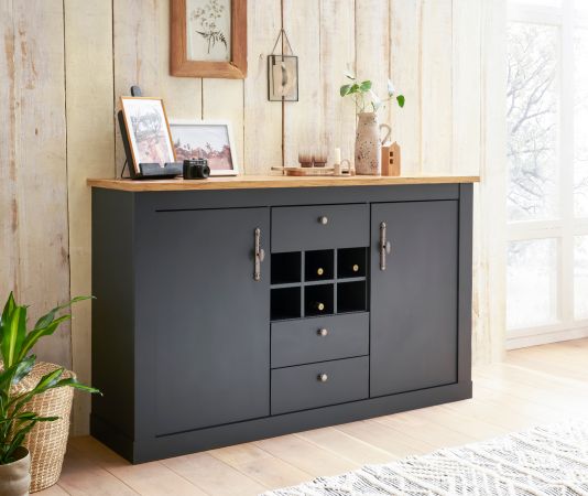 Esszimmer Set Ribera in grau und Wotan Eiche Landhaus Speisezimmer 3-teilig mit Esstisch, Highboard und Sideboard