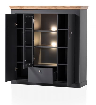 Esszimmer Set Ribera in grau und Wotan Eiche Landhaus Speisezimmer 3-teilig mit Esstisch, Highboard und Sideboard