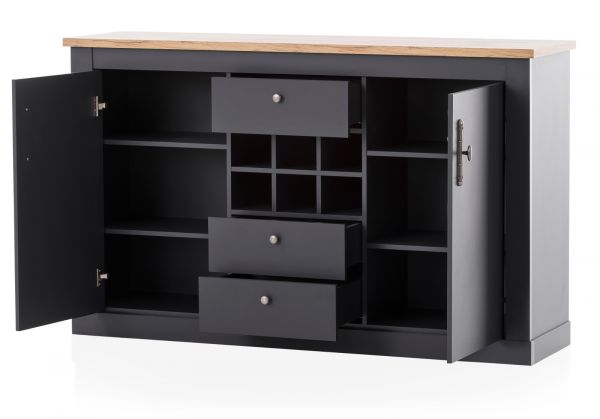 Esszimmer Set Ribera in grau und Wotan Eiche Landhaus Speisezimmer 3-teilig mit Esstisch, Highboard und Sideboard