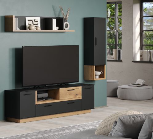TV-Lowboard Synnax in grau und Evoke Eiche TV Unterteil mit Komforth�he 187 x 59 cm