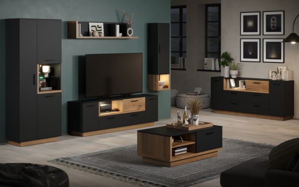 TV-Lowboard Synnax in grau und Evoke Eiche TV Unterteil mit Komforth�he 187 x 59 cm