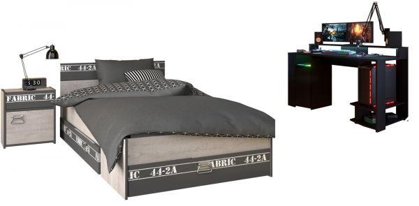 Parisot Kinder- und Jugendzimmer Set 3-teilig Fabric22 in Esche grau und schwarz mit Gamingtisch