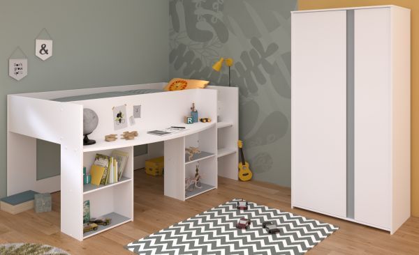 Parisot Kinder- und Jugendzimmer Pirouette14 in wei� mit grau oder rosa Set 2-teilig mit Hochbett und Kleiderschrank