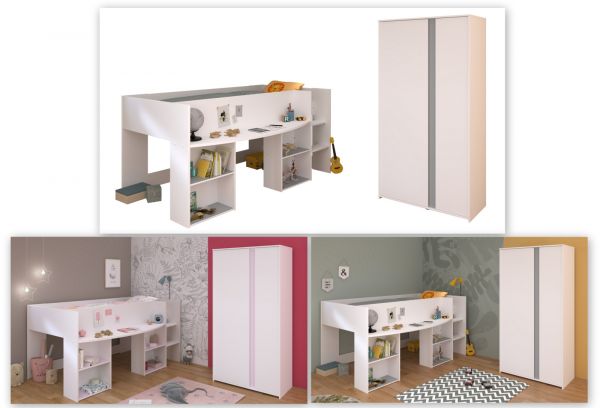 Parisot Kinder- und Jugendzimmer Pirouette14 in wei� mit grau oder rosa Set 2-teilig mit Hochbett und Kleiderschrank