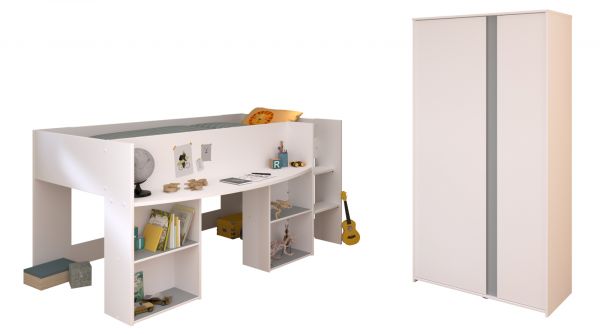 Parisot Kinder- und Jugendzimmer Pirouette14 in wei� mit grau oder rosa Set 2-teilig mit Hochbett und Kleiderschrank