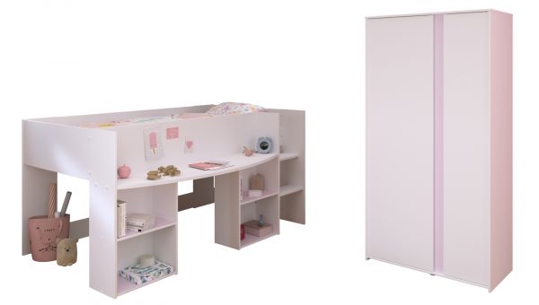 Parisot Kinder- und Jugendzimmer Pirouette14 in wei� mit grau oder rosa Set 2-teilig mit Hochbett und Kleiderschrank