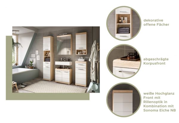 Badezimmer Hochschrank Mambo in wei� Hochglanz und Sonoma Eiche Badschrank 37 x 191 cm