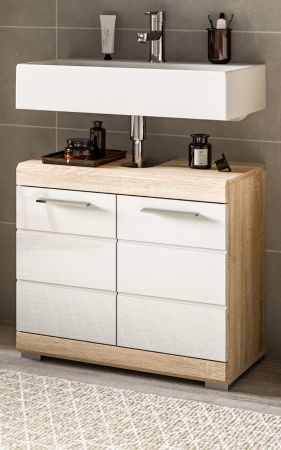 Badezimmer Waschbeckenunterschrank Mambo in wei� Hochglanz und Sonoma Eiche Badschrank 60 cm