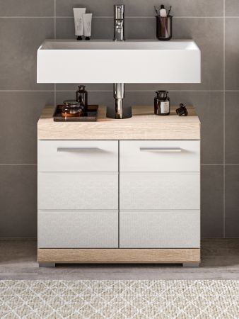 Badezimmer Waschbeckenunterschrank Mambo in wei� Hochglanz und Sonoma Eiche Badschrank 60 cm