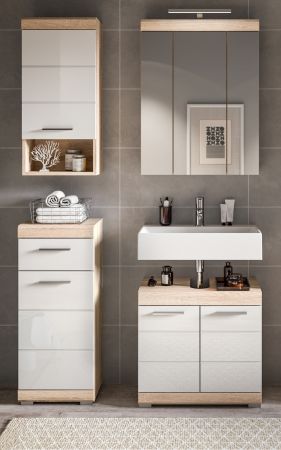 Badezimmer Waschbeckenunterschrank Mambo in wei� Hochglanz und Sonoma Eiche Badschrank 60 cm