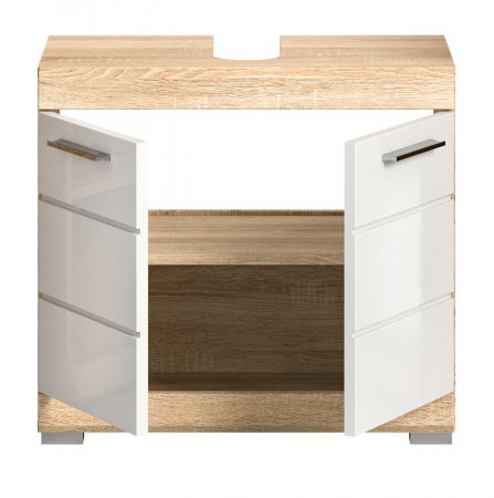 Badezimmer Waschbeckenunterschrank Mambo in wei� Hochglanz und Sonoma Eiche Badschrank 60 cm