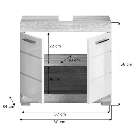 Badezimmer Waschbeckenunterschrank Mambo in wei� Hochglanz und Sonoma Eiche Badschrank 60 cm
