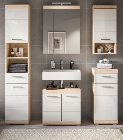 Badezimmer Kommode Mambo in wei� Hochglanz und Sonoma Eiche Badschrank 37 x 88 cm