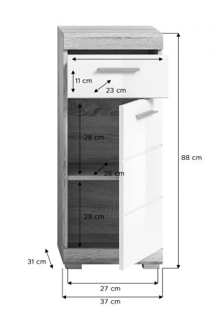 Badezimmer Kommode Mambo in wei� Hochglanz und Sonoma Eiche Badschrank 37 x 88 cm