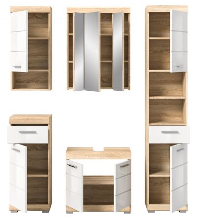 Badm�bel Set 5-teilig Mambo in wei� Hochglanz und Sonoma Eiche Badkombination 164 x 191 cm