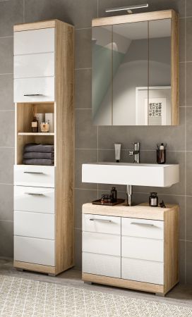Badm�bel Set 3-teilig Mambo in wei� Hochglanz und Sonoma Eiche Badkombination 112 x 191 cm