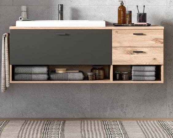 Waschbeckenunterschrank MIT Waschbecken Oderzo in Eiche und grau, Waschtisch 138 cm Soft-Close