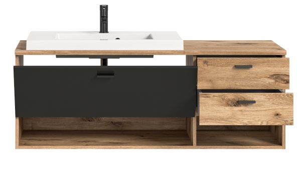 Waschbeckenunterschrank MIT Waschbecken Oderzo in Eiche und grau, Waschtisch 138 cm Soft-Close