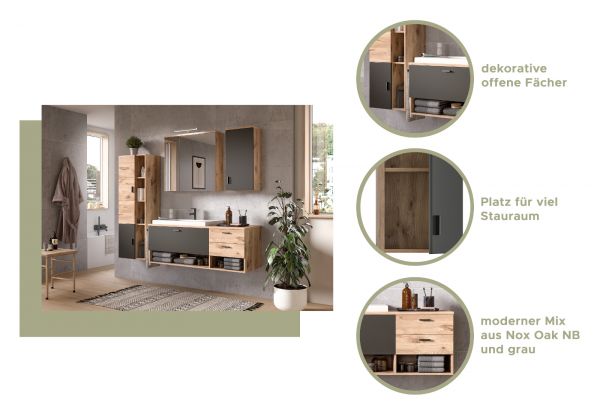 Badezimmer H�ngeschrank Oderzo in Eiche und grau Badschrank 37 x 75 cm Soft-Close