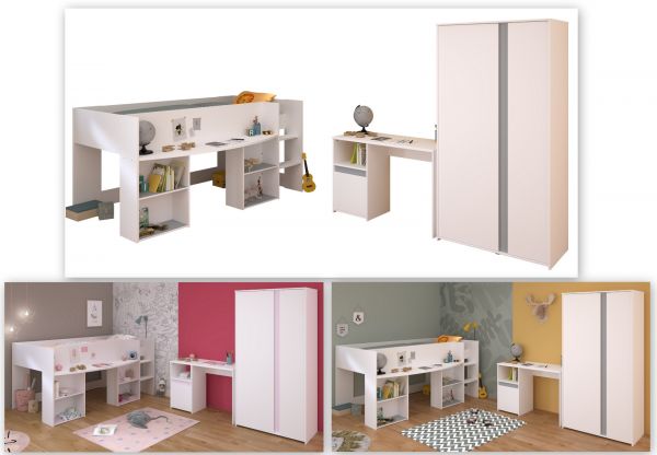 Parisot Kinder- und Jugendzimmer Pirouette13 in wei� mit grau oder rosa Komplett-Set 3-teilig