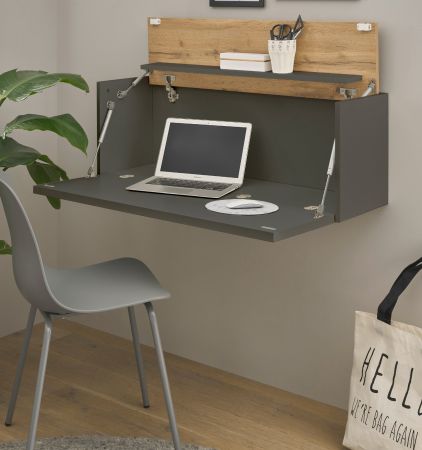 Sekret�r Center in grau matt und Wotan Eiche Wandsekret�r f�r Homeoffice und B�ro 100 cm