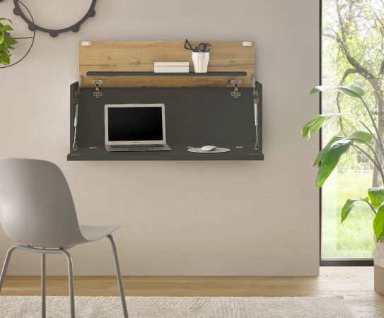 Sekret�r Center in grau matt und Wotan Eiche Wandsekret�r f�r Homeoffice und B�ro 100 cm