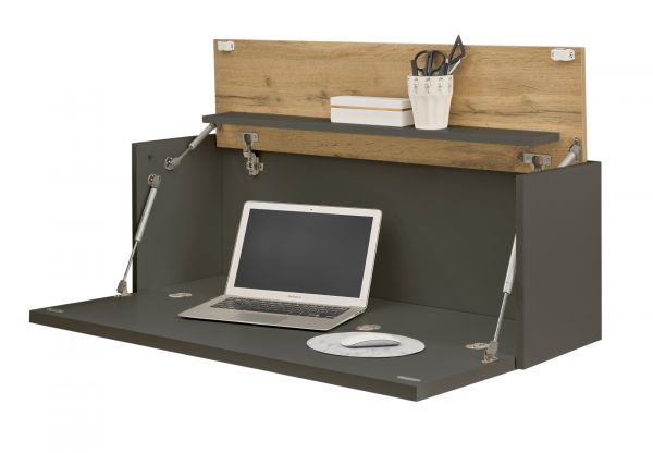 Sekret�r Center in grau matt und Wotan Eiche Wandsekret�r f�r Homeoffice und B�ro 100 cm