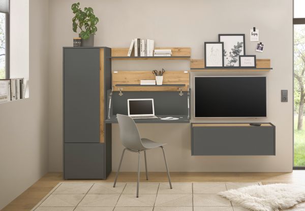 H�ngeschrank Center in grau matt und Wotan Eiche B�roschrank h�ngend f�r Homeoffice 100 cm
