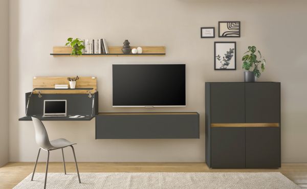 B�roregal Center in Wotan Eiche und grau matt Wandregal f�r Homeoffice und B�ro 170 cm