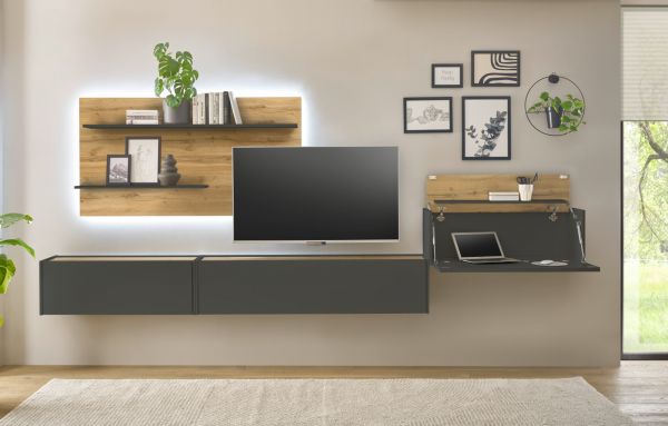 Wandregal Center in Wotan Eiche und grau matt Wandpaneel f�r Homeoffice und B�ro 155 x 80 cm
